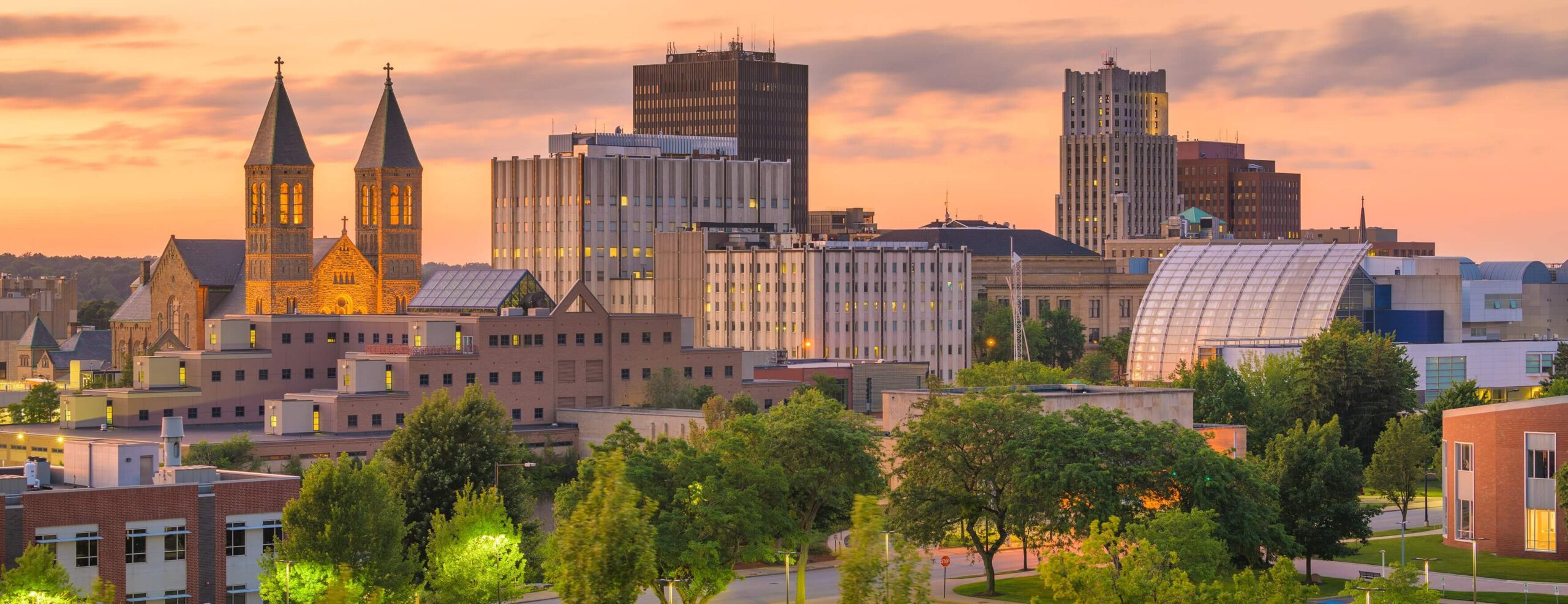 Akron, Ohio, USA downtown skyline at dusk.