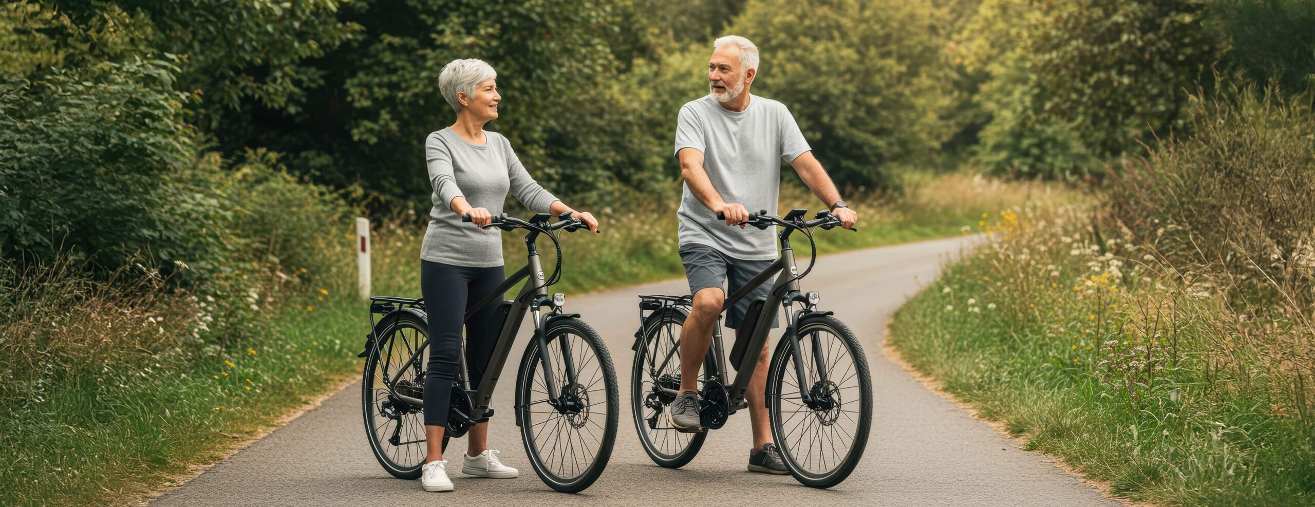 Elderly couple riding electric bicycles in outdoor park surrounded by greenery Promotes healthy lifestyle and community engagement